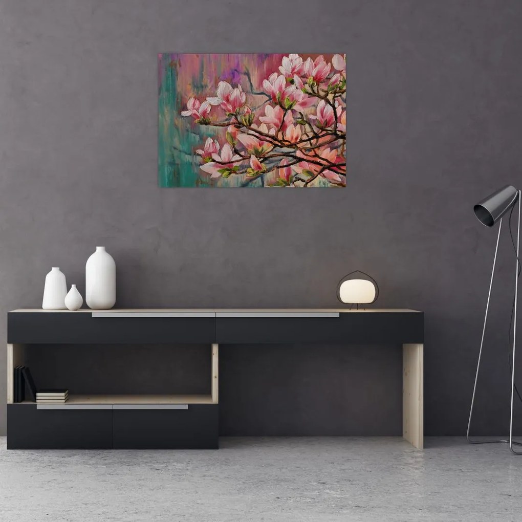 Tablou pe sticlă - Pictură în ulei, Sakura în floare (70x50 cm)