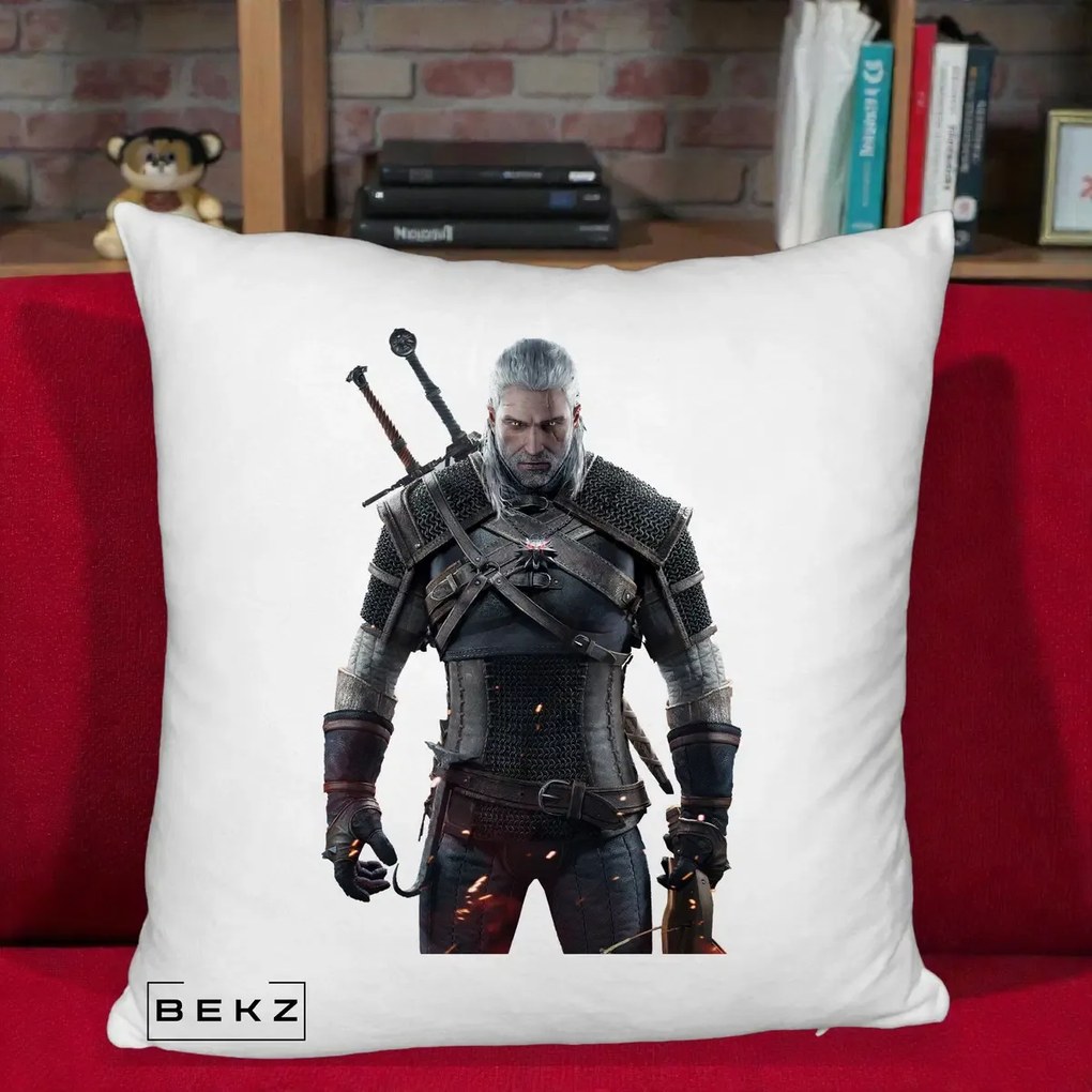 Perna Personalizata The Witcher Geralt of Rivia Portret, 40x40 cm, Alb Pufos, Husa Detasabila, Perna Inclusa, BEKZ®