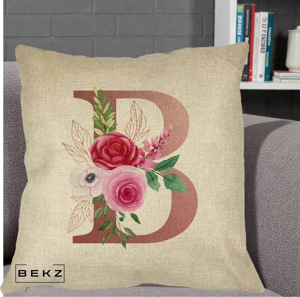 Cadou Personalizat - Perna Personalizata Monograma Rose Gold Litera B, 40x40 cm, Crem, Husa Detasabila, Perna Inclusa, BEKZ®