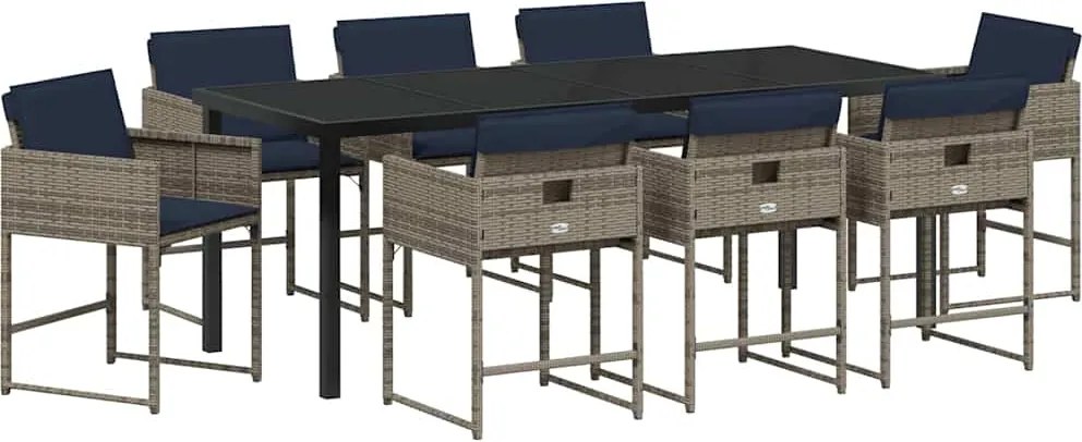 vidaXL Set de masă pentru grădină cu pernă 9 pcs Gri poliratan