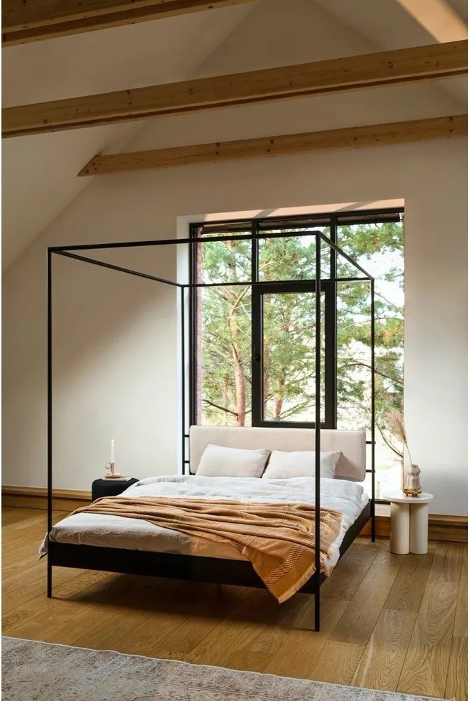 Pat matrimonial negru/bej tapițat din oțel cu baldachin cu somieră 200x200 cm Eton – noo.ma