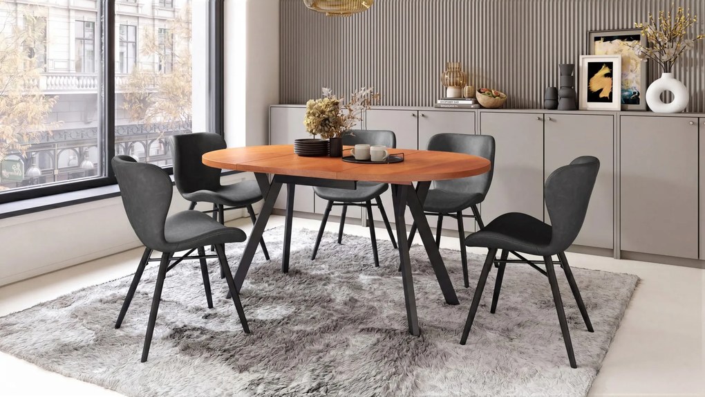 Mazzoni ALMO Calvados/picioare negre - MASĂ ROTUNDĂ EXTENSIBILĂ CU PICIOARE ÎN FORMĂ DE Y STIL LOFT PENTRU SALON/SUFRAGERIE