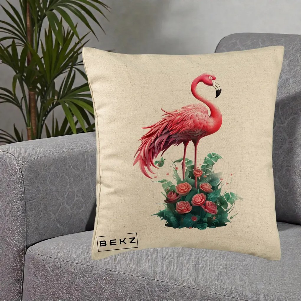 Perna Decorativa Flamingo cu Trandafiri Tropicali, 40x40 cm, Bej, Husa Detasabila, Perna Inclusa, BEKZ®