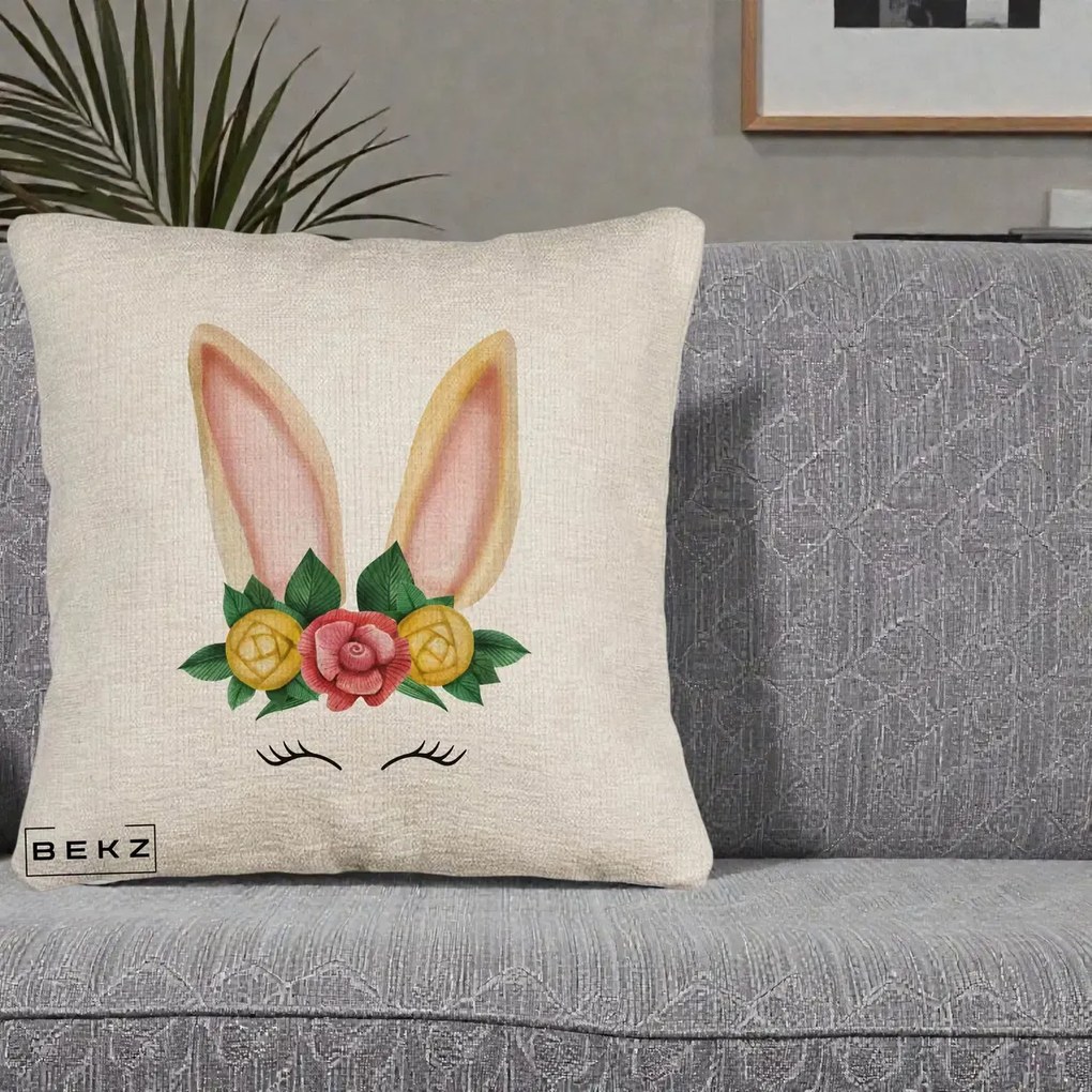 Perna Decorativa Iepuras Flori Urechi Pastelui, 40x40 cm, Bej Canapea, Husa Detasabila, Perna Inclusa, BEKZ®