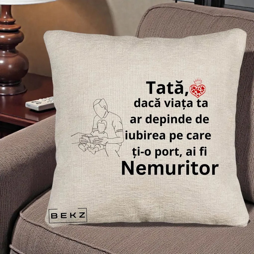 Cadou pentru Tata - Perna Personalizata Tata Nemuritor Lectura, 40x40 cm, Bej Canapea, Husa Detasabila, Perna Inclusa, BEKZ®