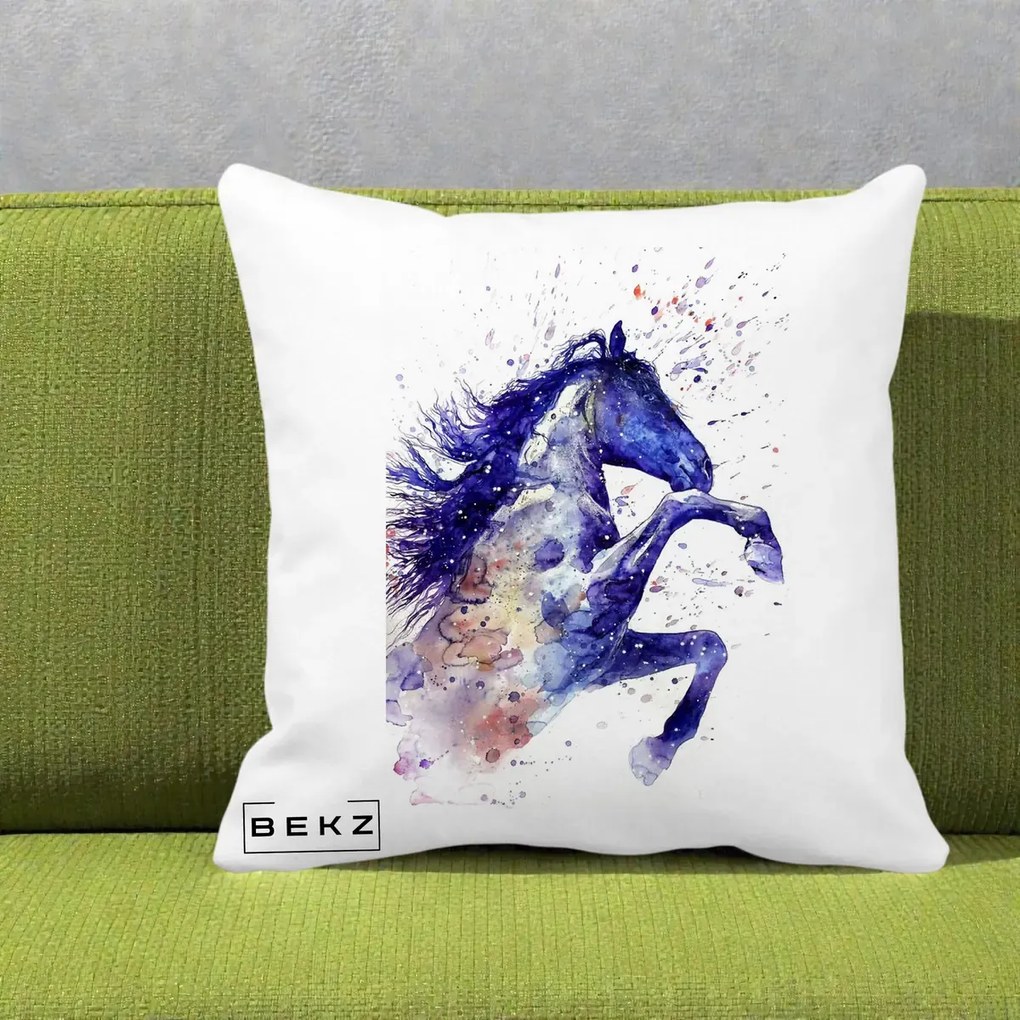Perna Decorativa Cal Albastru Acuarela, 40x40 cm, Alba Mata, Husa Detasabila, Perna Inclusa, BEKZ®