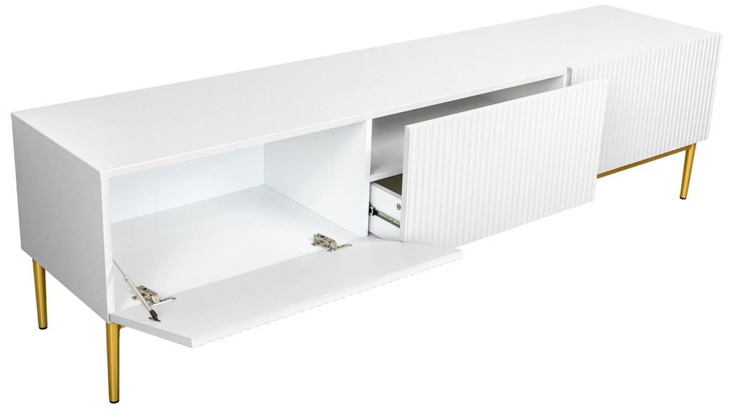 Comodă TV Nicole 200 cm cu picioare metalice, cu sertar - alb mat / picioare aurii