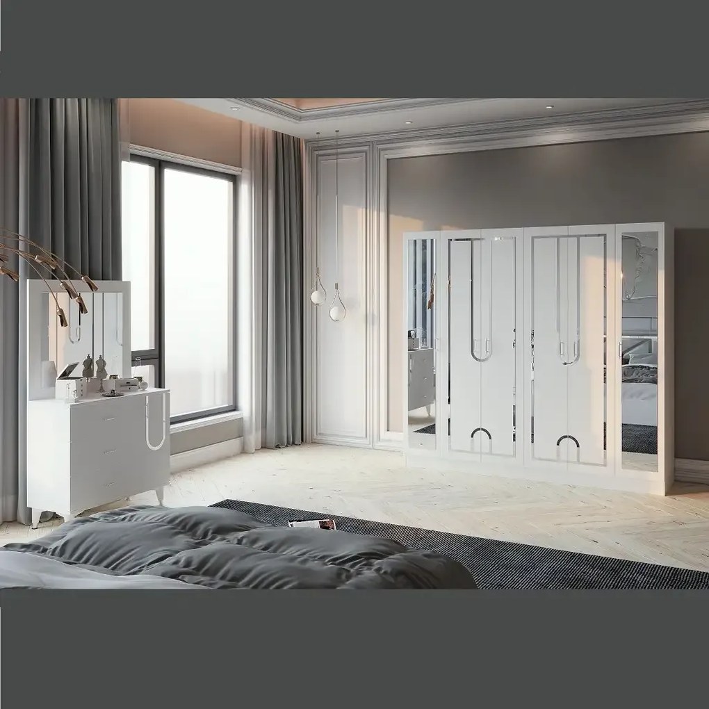 Dormitor Carolina, sifonier, comoda, noptiera, pat cu lada Homs, alb, 220x210x50 cm