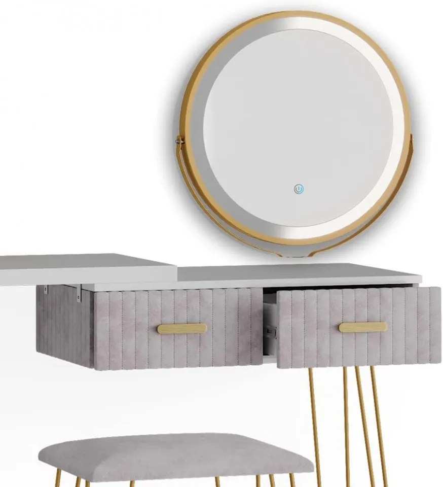 SEA393 - Set Masa toaleta, 120 cm, cosmetica machiaj, oglinda cu LED, masuta vanity, scaun tapitat - Alb-Auriu-Gri