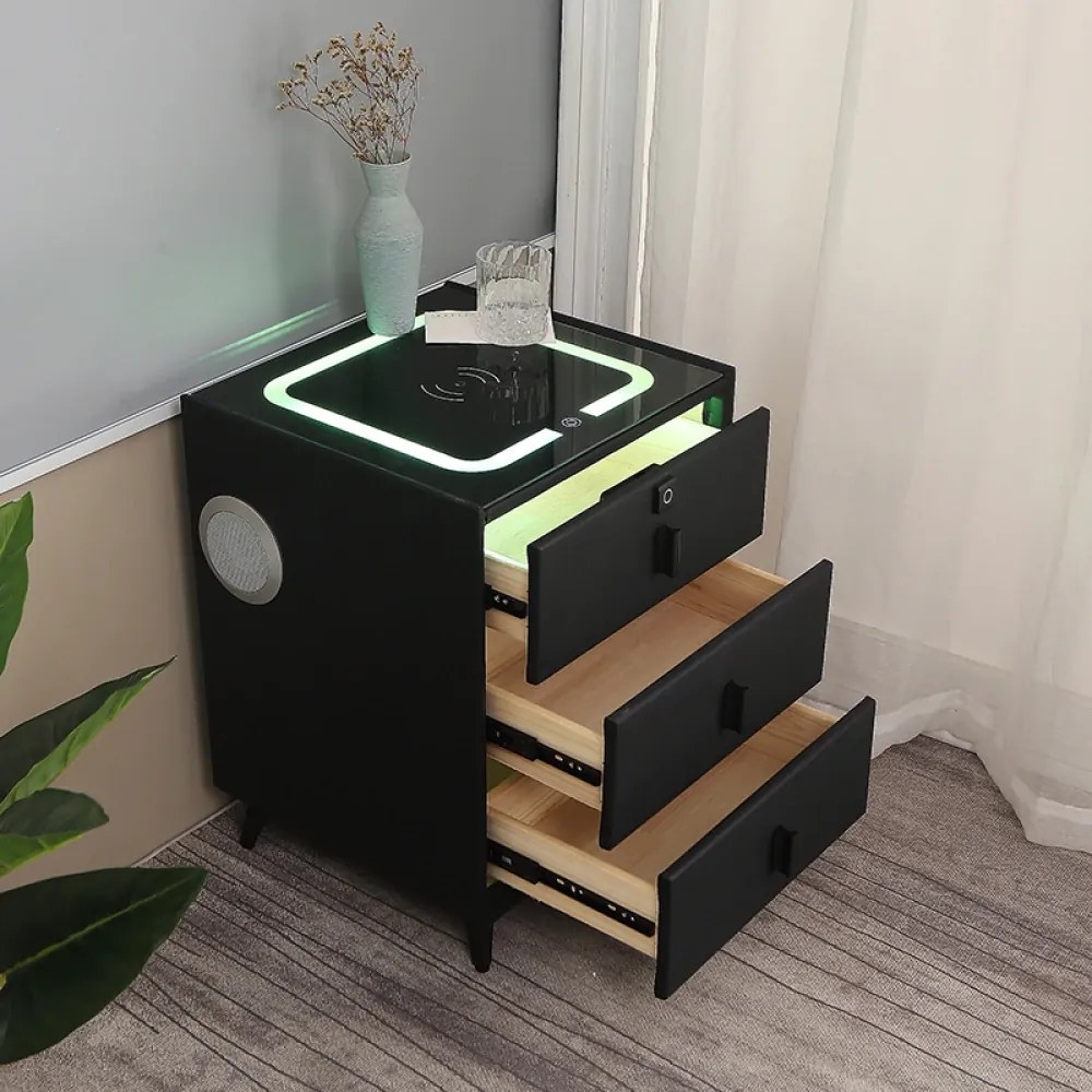 Noptieră inteligentă multifuncțională, 3 sertare cu maner, blocare cu amprentă, LED-uri tactile, 3 tipuri de culoare, încărcare fără fir, Difuzor Bluetooth, incarcare USB, sticla securizata, Negru