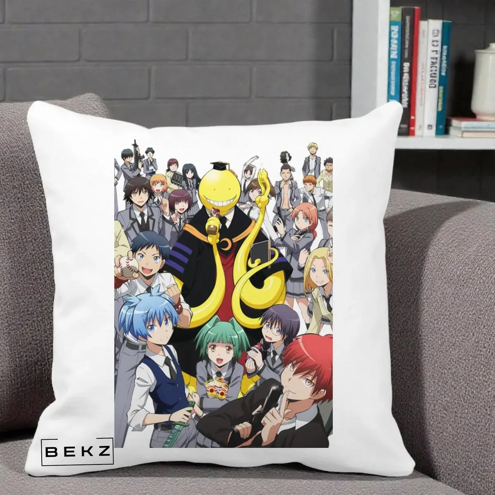 Perna Personalizata Assassination Classroom Grup Complet Anime, 40x40 cm, Alba Mata, Husa Detasabila, Perna Inclusa, BEKZ®