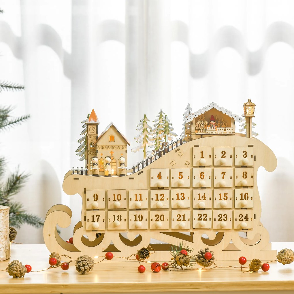 Calendar Advent din Lemn in Forma de Sanie cu 24 de Sertare de Umplut, Decoratiuni si Lumini 45x10x31cm HOMCOM | Aosom RO