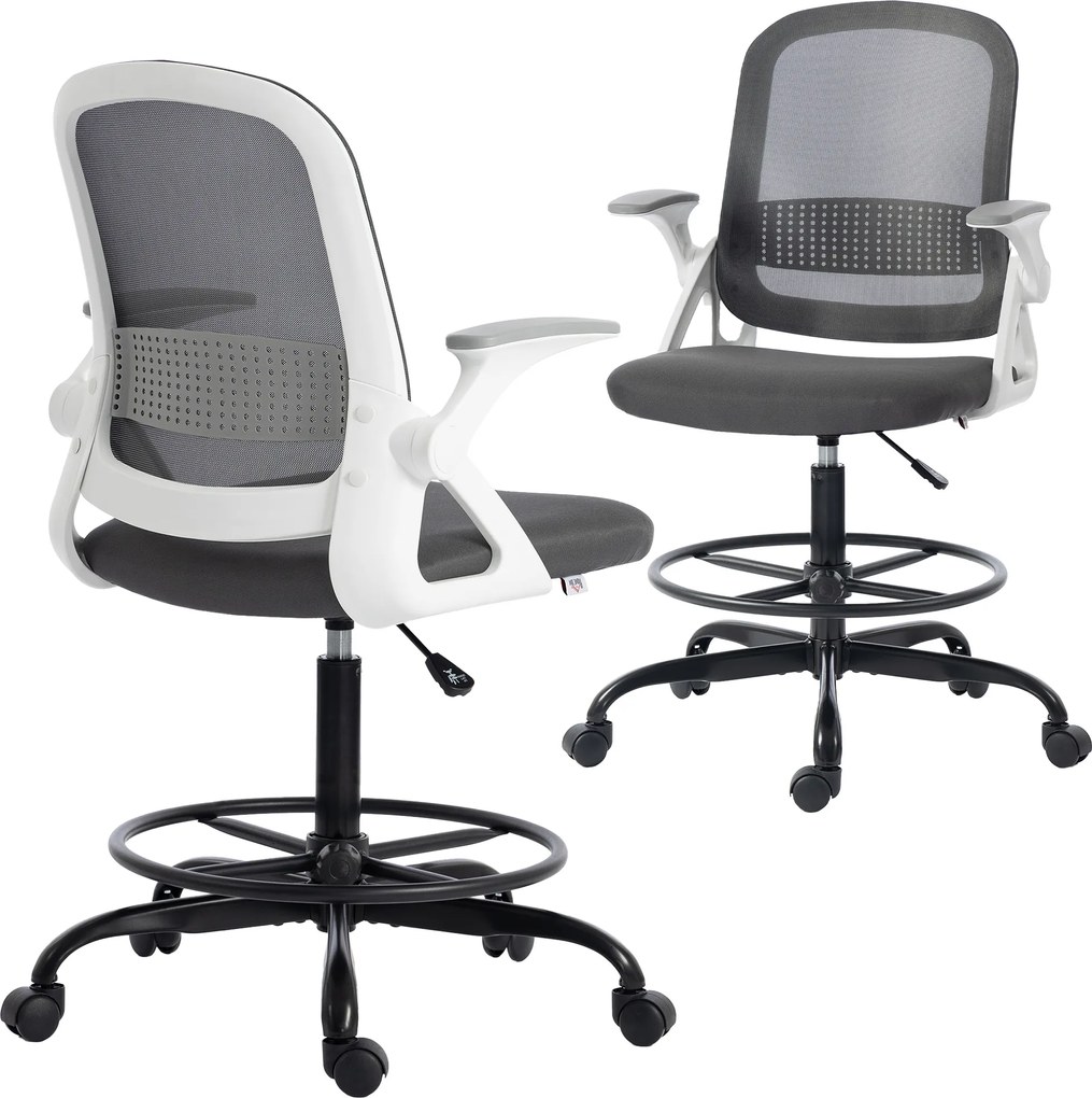 HOMCOM Scaun de birou din plasă Scaun de desen cu cotieră rabatabilă Înălțime reglabilă Suport pentru picioare Gri | Aosom Romania