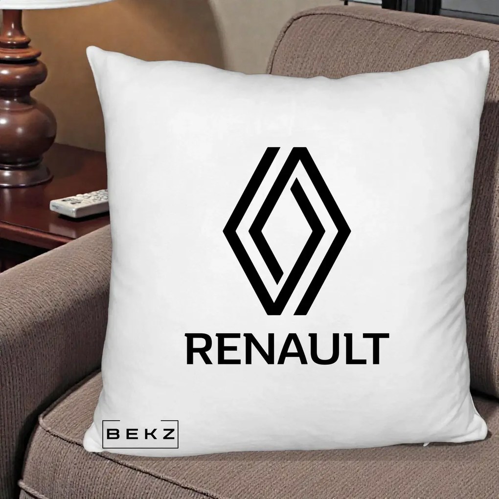 Perna Personalizata cu emblema Renault, 40x40 cm, Alb Pufos, Husa Detasabila, Perna Inclusa, BEKZ®