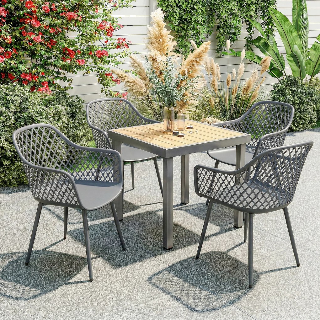 Outsunny Set 4 scaune de grădină, scaune din plastic rezistente la UV cu braț și spătar 56 x 51 x 84 cm gri închis | Aosom Romania