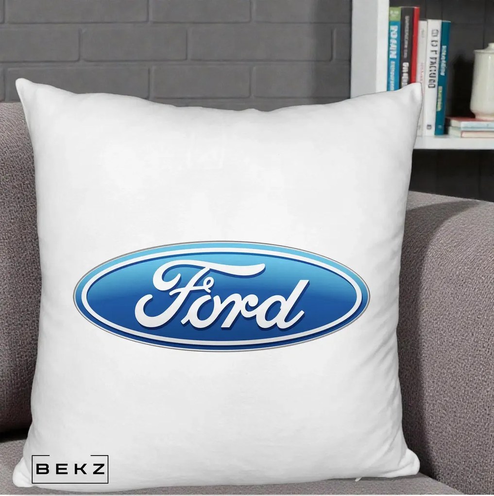 Perna Personalizata cu emblema Ford, 40x40 cm, Alb Pufos, Husa Detasabila, Perna Inclusa, BEKZ®