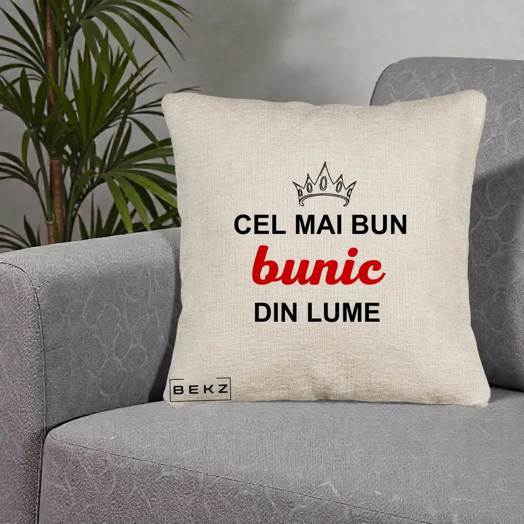 Cadou pentru Bunic - Perna Personalizata Cel Mai Bun Bunic Din Lume Coroana Rosu, 40x40 cm, Bej Canapea, Husa Detasabila, Perna Inclusa, BEKZ®