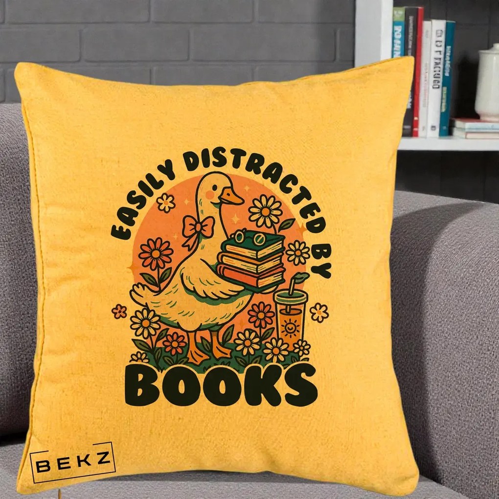 Perna Personalizata Easily Distracted by Books, 40x40 cm, Galben, Husa Detasabila, Perna Inclusa, BEKZ®