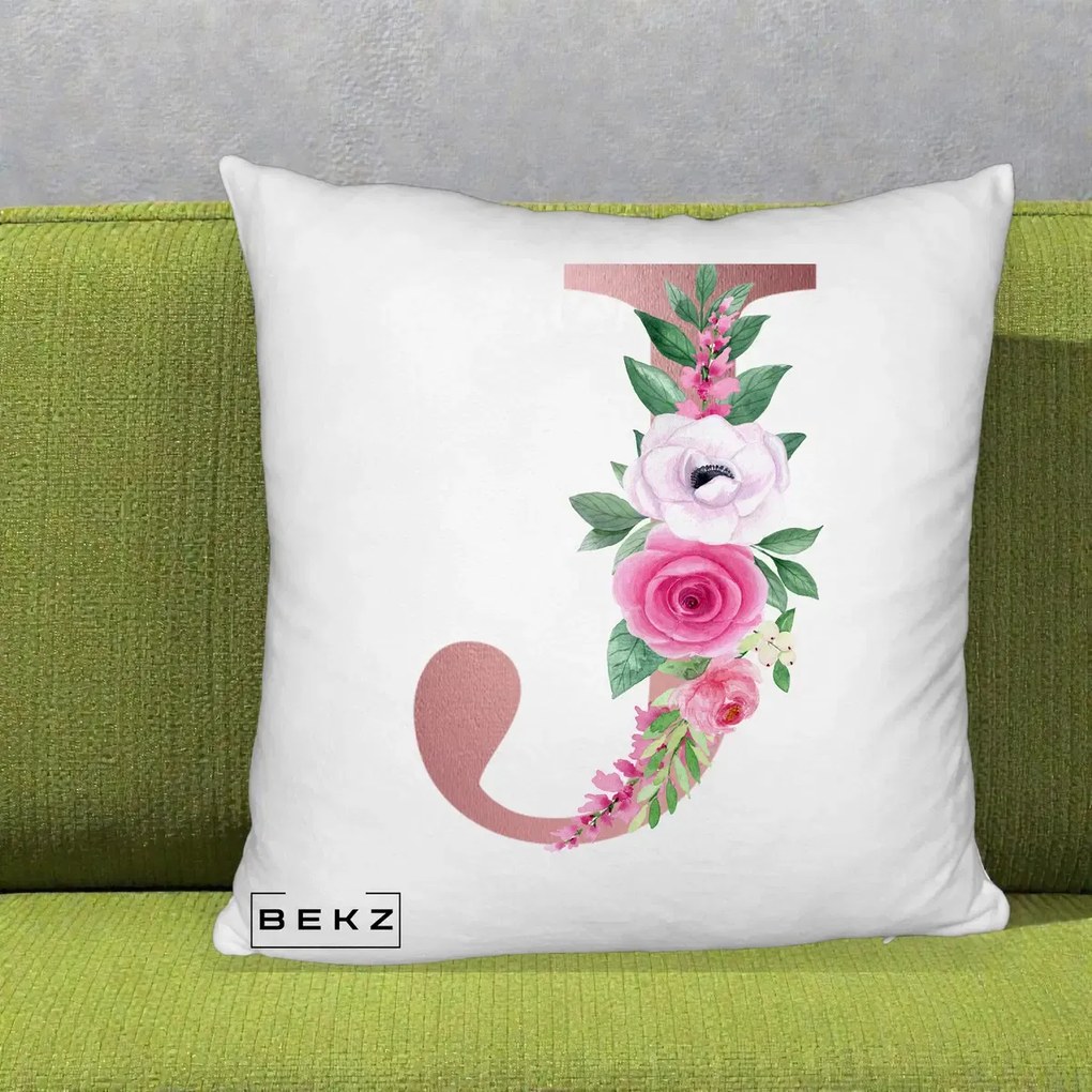 Cadou Personalizat - Perna Personalizata Monograma Rose Gold Litera J, 40x40 cm, Alb Pufos, Husa Detasabila, Perna Inclusa, BEKZ®