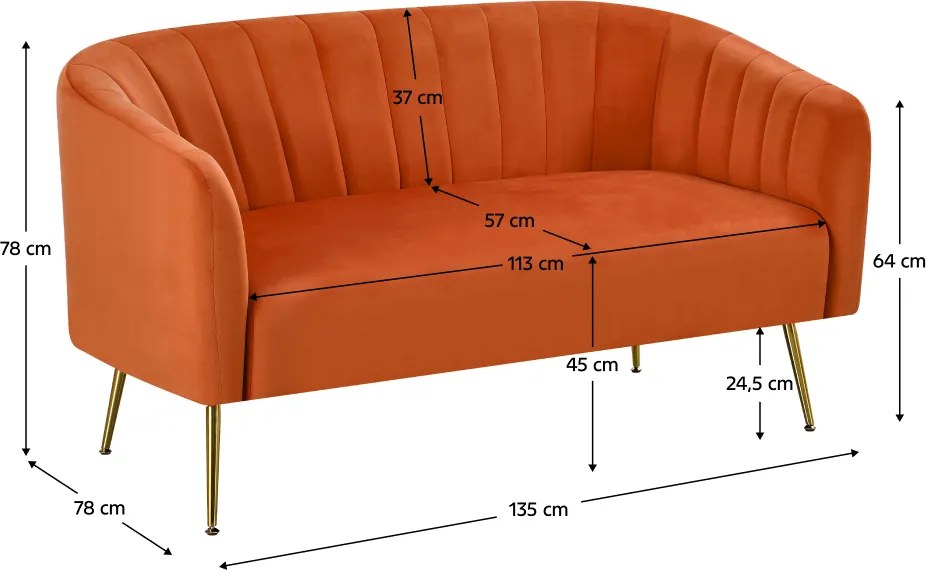 Canapea de design cu 2 locuri, ţesătură Velvet teracota/gold crom-auriu, BAGY