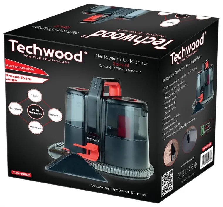 Aspirator pentru textil Techwood TAN-8005R, 185W, Li-Ion 220 mAh, Fara fir, Rezervor de apa curata si reziduala, Autonomie 40 min, 2 viteze, Negru/Rosu