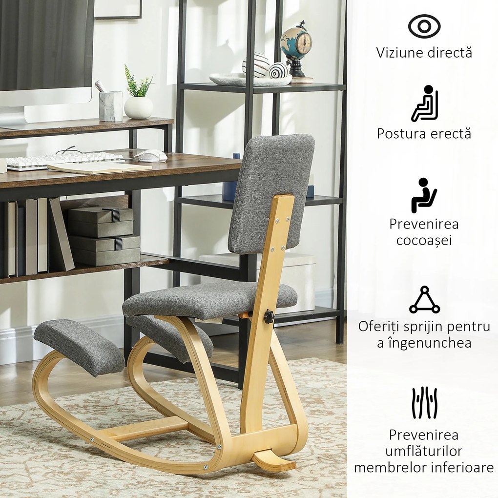HOMCOM Scaun genunchi ergonomic, din lemn de mesteacăn, care permite o mișcare ușoară de leagăn, 51x84x93 cm, Gri | Aosom Romania