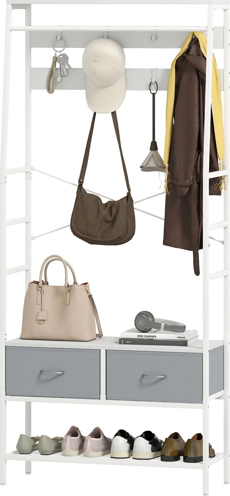 HOMCOM Cuier pentru pantofi cu spațiu pentru pantofi, cârlige, sertare, bară și raft pentru intrare, hol, living 80x30x180,5 cm Alb | Aosom Romania