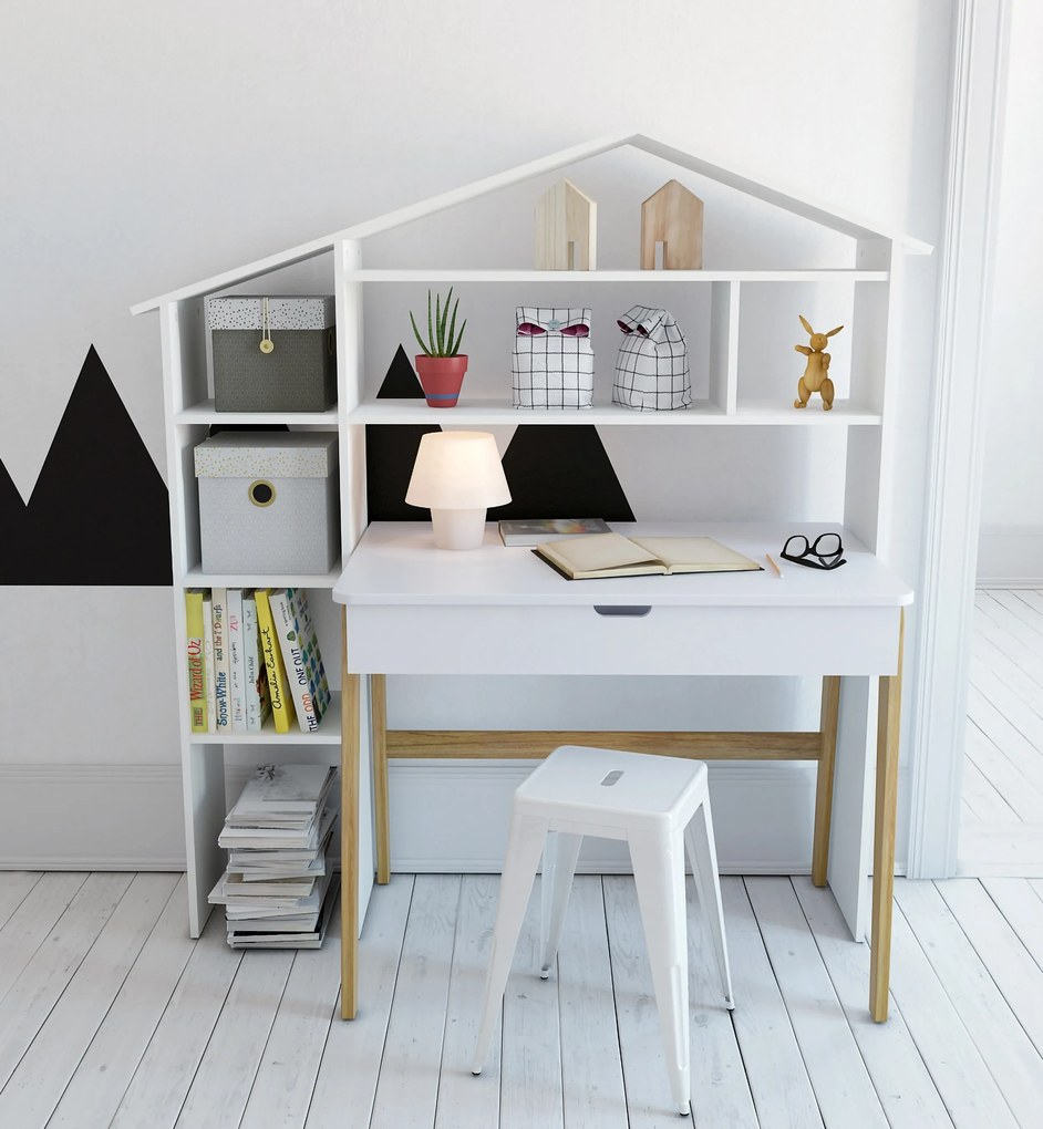 Birou din MDF/pin cu spatiu de depozitare alb 100 cm