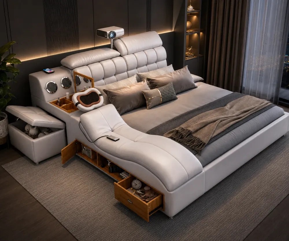 MOBLUX99 Utility 160x200 cm Light Grey Right Chaise – Pat Inteligent Premium cu Proiector, Vibromasaj, Boxe Bluetooth, Încărcare Wireless și Spații Multiple de Depozitare