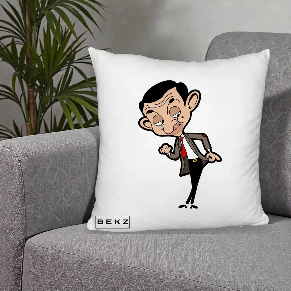 Perna Personalizata Mr. Bean Caricatura, 40x40 cm, Alb Pufos, Husa Detasabila, Perna Inclusa, BEKZ®