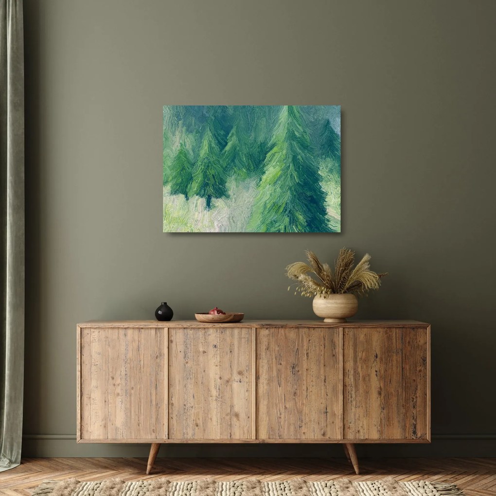 Tablou pe sticlă - Conifere pictate (70x50 cm)