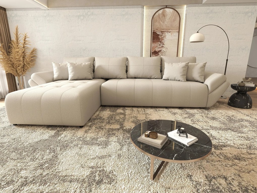 Colțar extensibil dumonde cu ladă de depozitare si sezut confortabil din spuma high-density, Berlin XL Enjoy Beige 350x185 cm