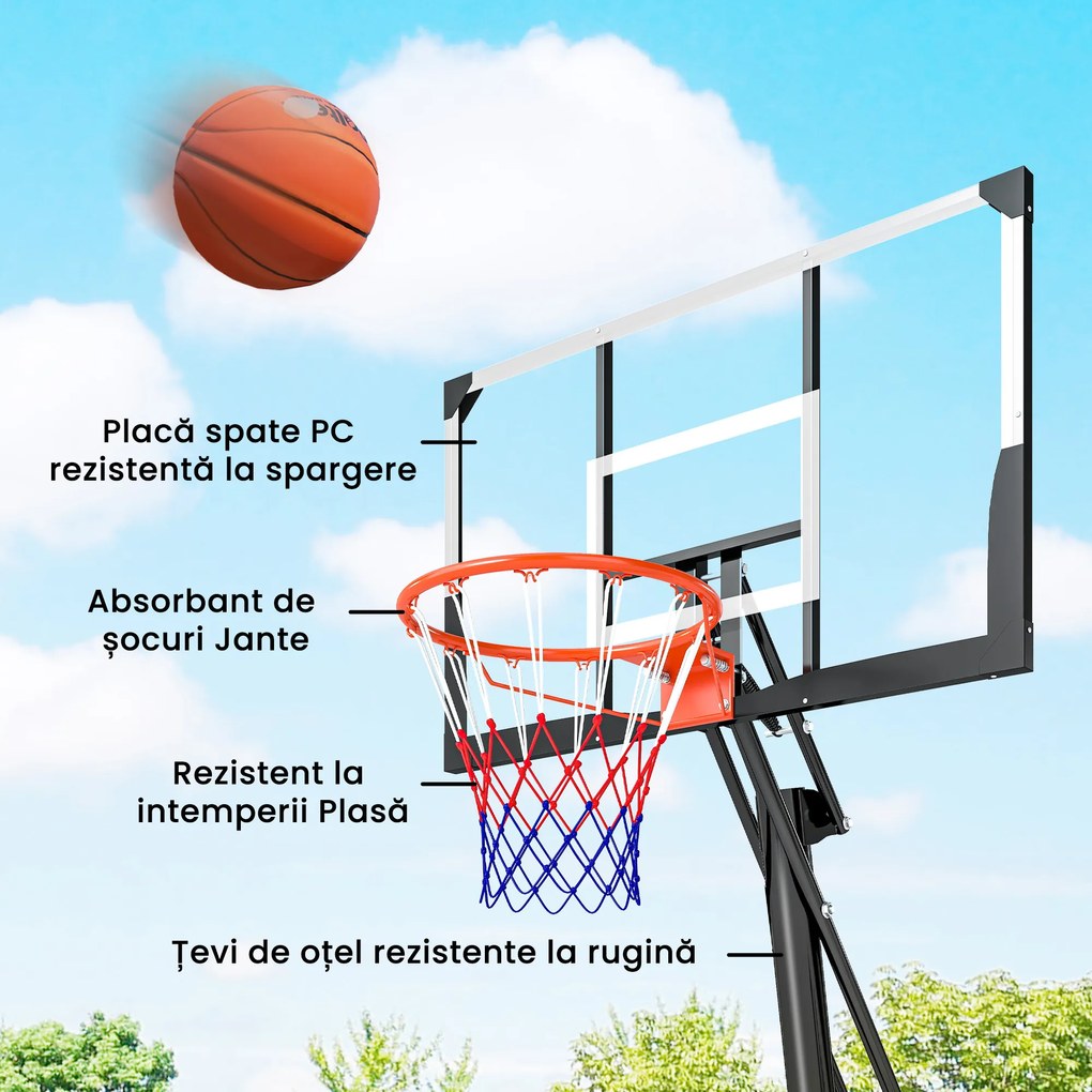 SPORTNOW Coș de Baschet Portabil pentru Exterior, Reglabil 2,45-3,05 m, Panou Rezistent la Șocuri, Reglare cu Manivelă | Aosom Romania