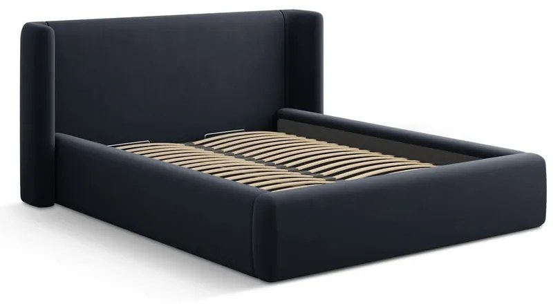 Pat matrimonial albastru închis tapițat cu spațiu de depozitare cu somieră 200x200 cm Jason – Windsor &amp; Co Sofas