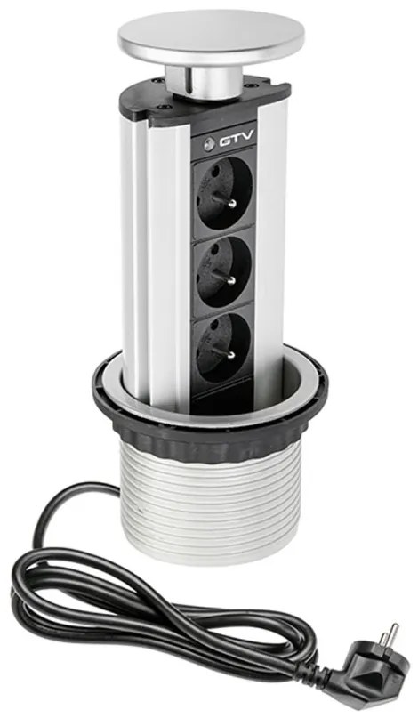 Priza incastrabila rotunda , 3 prize schuko, cablu 1.8 m, negru + aluminiu, GTV
