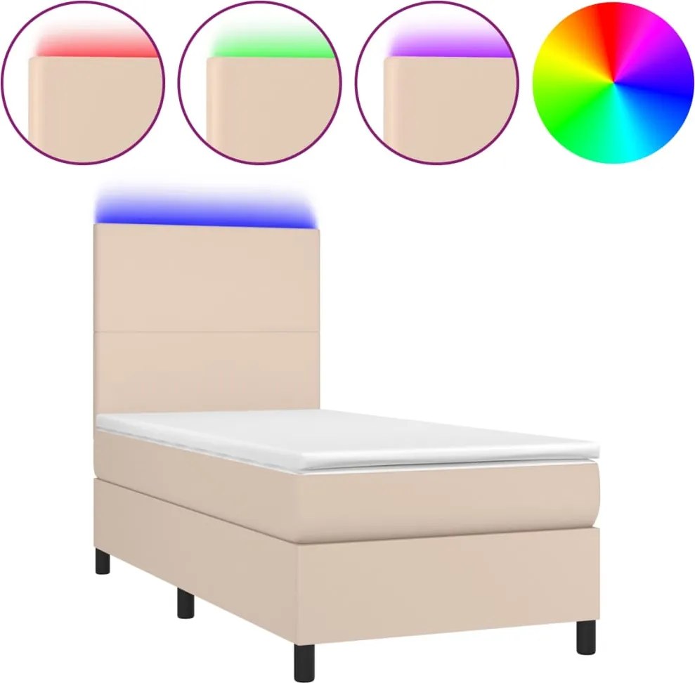 vidaXL Pat cu arcuri, cu saltea și LED, cappuccino 90x200 cm piele eco