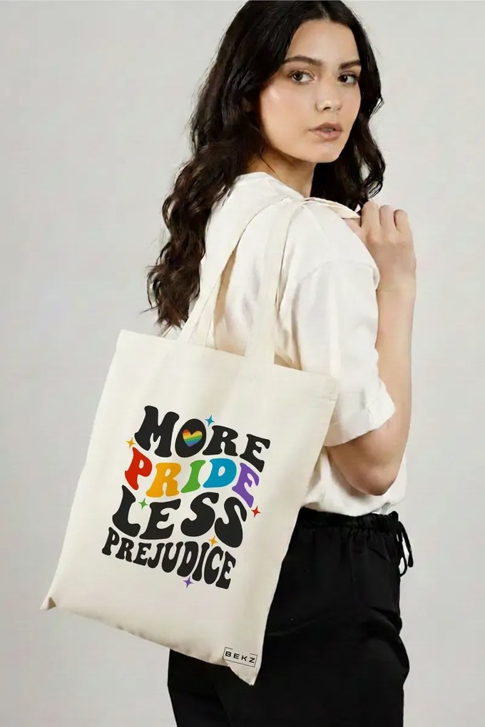 Sacosa de Panza pentru Cumparaturi, Geanta Tote, model More pride less prejudice 38 x 34.5 cm, Alba, BEKZ®