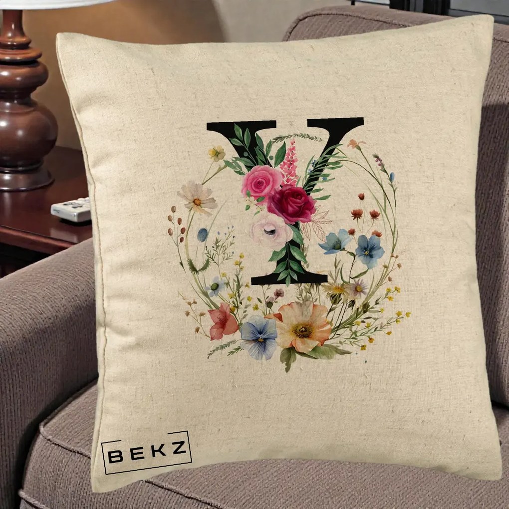 Cadou Personalizat - Perna Personalizata Monograma Florala Litera Y cu Coroana, 40x40 cm, Bej, Husa Detasabila, Perna Inclusa, BEKZ®