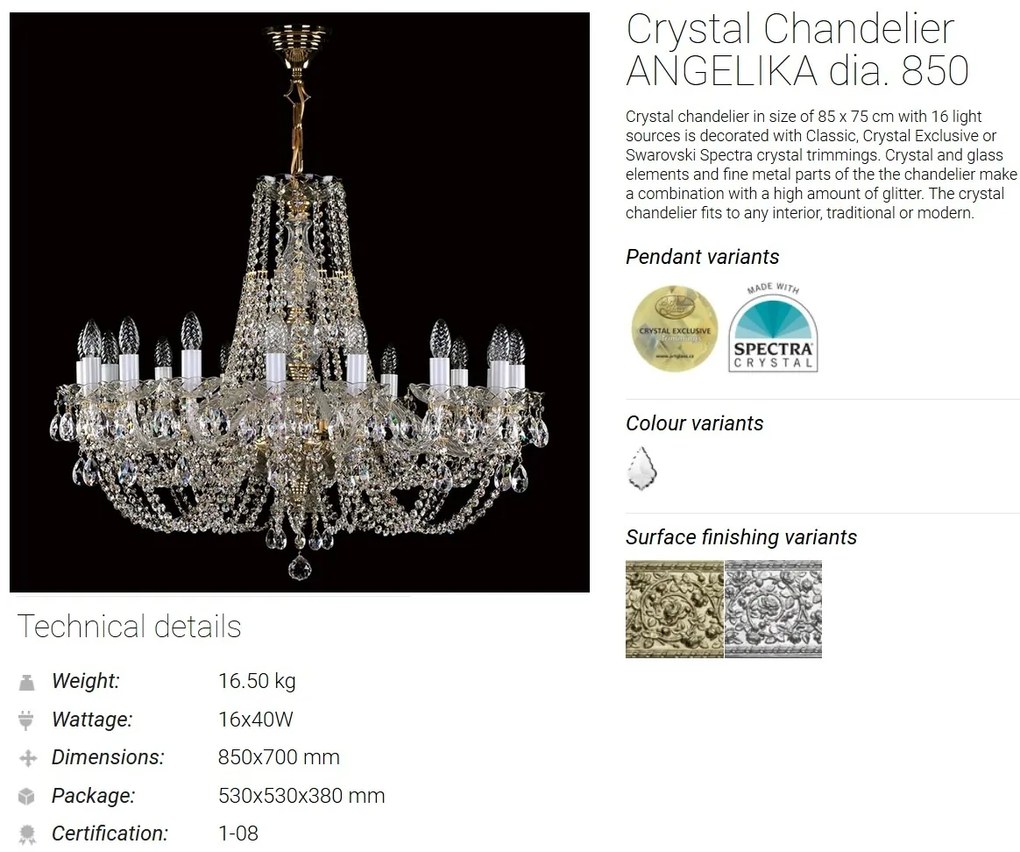 Candelabru Cristal Bohemia Exclusive 16 brate, diam.85cm ANGELIKA dia. 850 CE