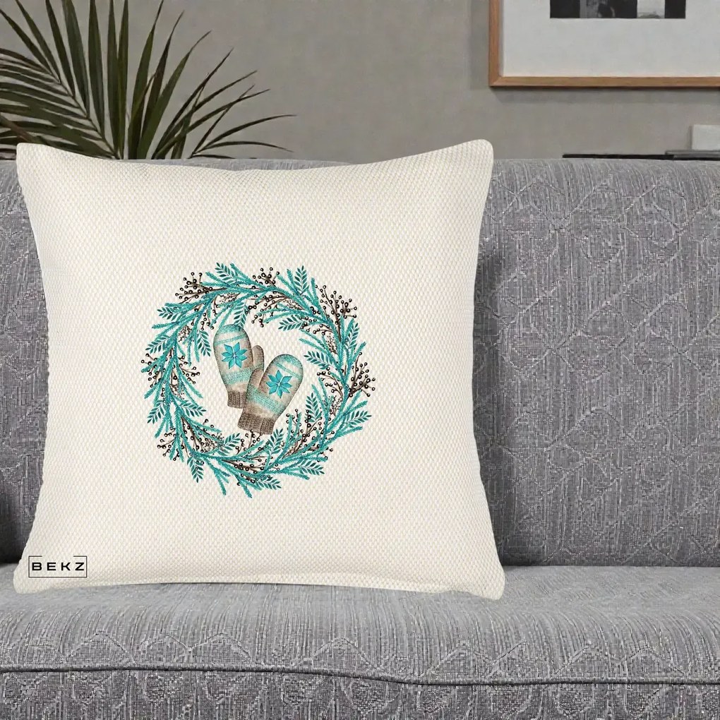 Perna Decorativa Coroana Turcoaz cu Manusi, 40x40 cm, Crem Reliefat, Husa Detasabila, Perna Inclusa, BEKZ®