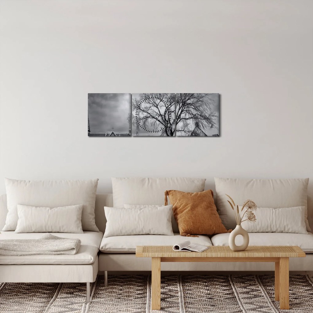 Tablou cu sat alb negru (cu ceas) (90x30 cm)