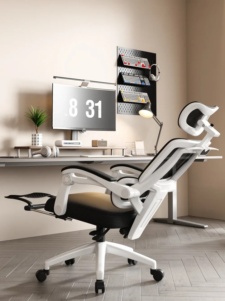 Scaun ergonomic cu suport lombar, tetieră reglabilă 3D, suport pentru picioare, Mesh, Alb/Negru