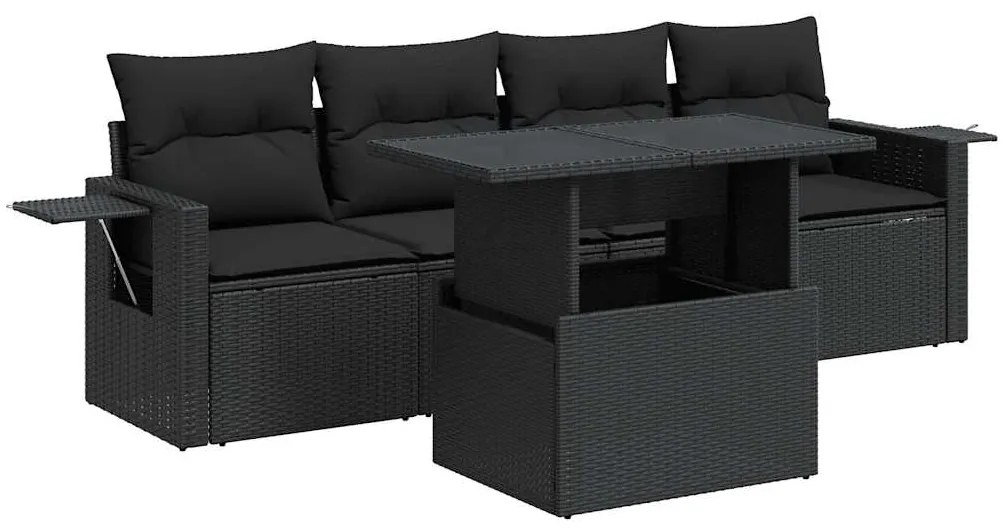 3326396 vidaXL Set mobilier de grădină cu perne, 5 piese, negru, poliratan