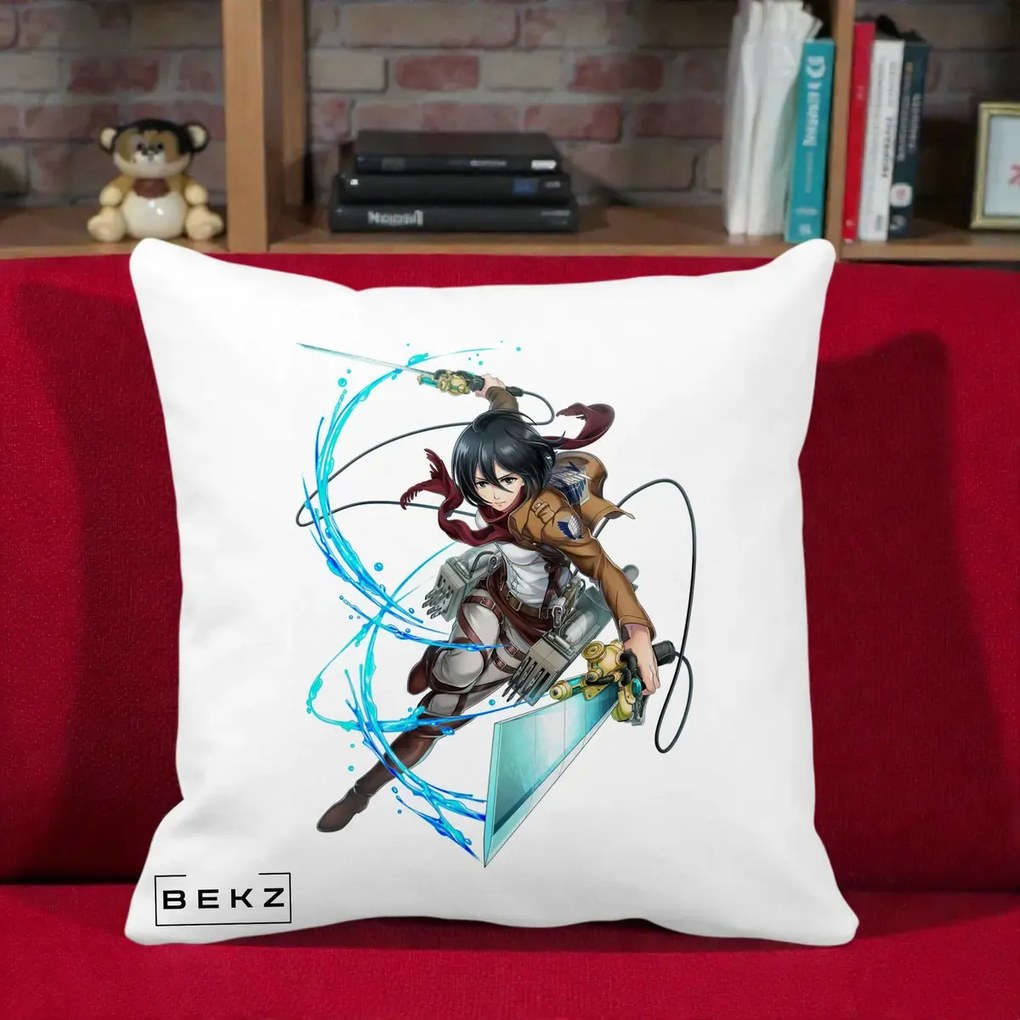 Perna Personalizata Attack on Titan Mikasa Ackerman Lupta, 40x40 cm, Alba Mata, Husa Detasabila, Perna Inclusa, BEKZ®
