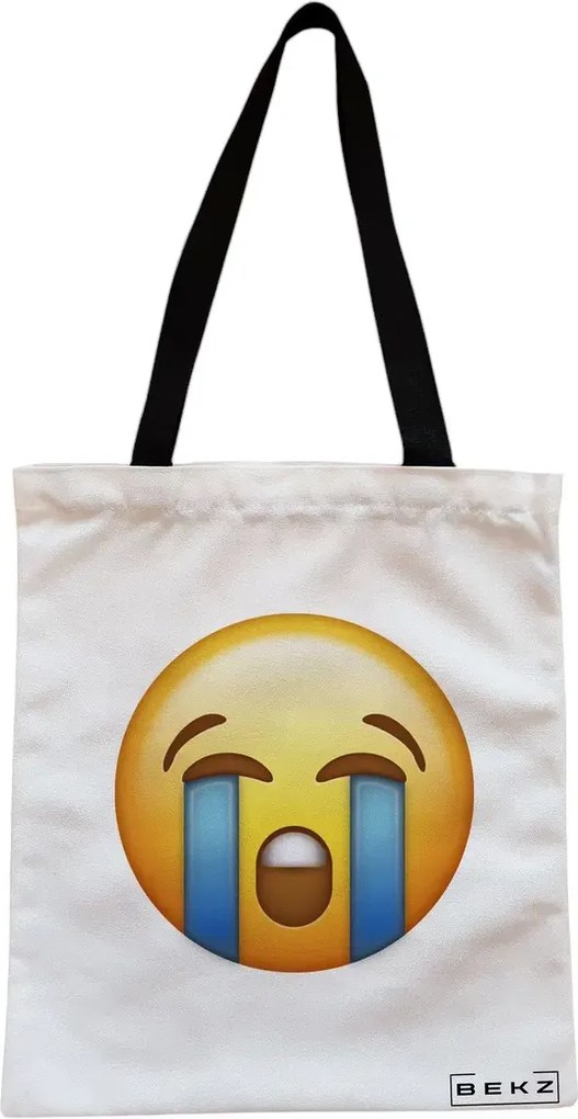 Sacosa de Panza pentru Cumparaturi, Geanta Tote, model Crying Emoji, Cu fermoar, 38x34.5 cm, Alba, BEKZ®