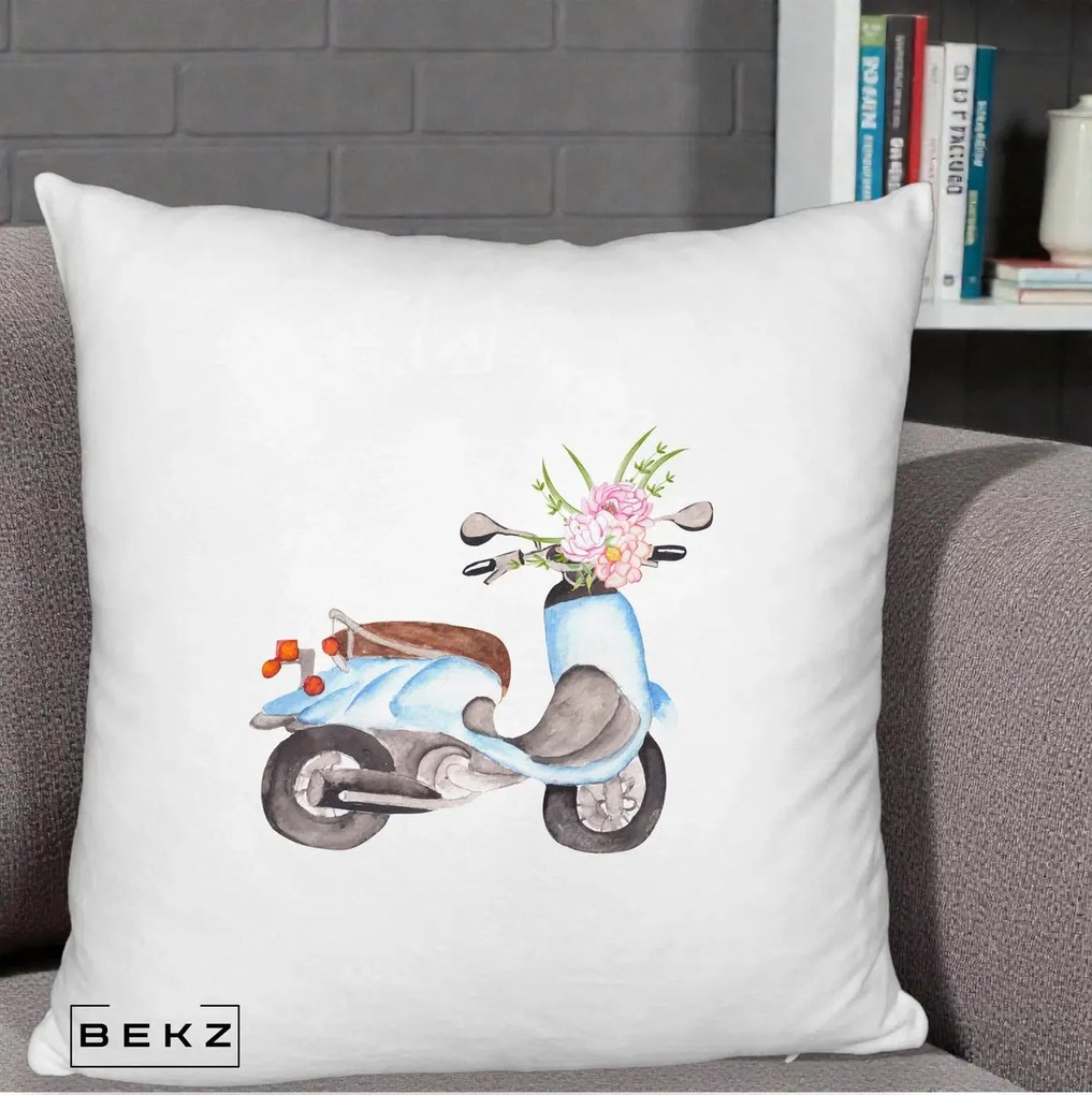 Perna Decorativa Scuter Albastru cu Flori Acuarela, 40x40 cm, Alb Pufos, Husa Detasabila, Perna Inclusa, BEKZ®