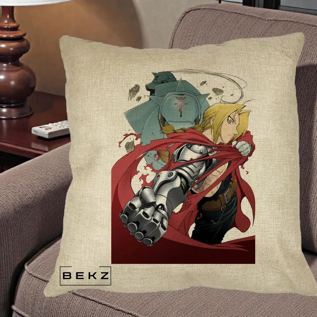Perna Personalizata Fullmetal Alchemist Brotherhood Edward si Al Poster, 40x40 cm, Crem, Husa Detasabila, Perna Inclusa, BEKZ®