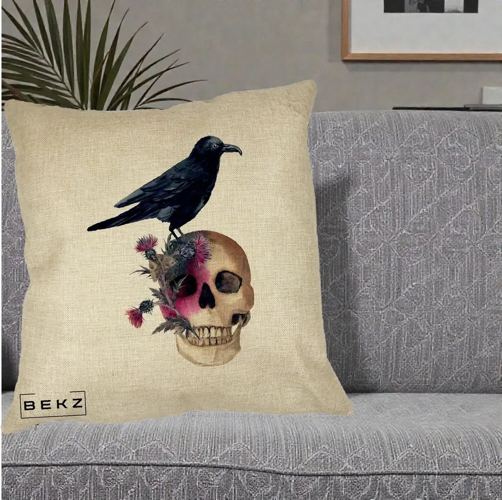 Perna Decorativa Craniu cu Corb si Flori Gothic, 40x40 cm, Crem, Husa Detasabila, Perna Inclusa, BEKZ®
