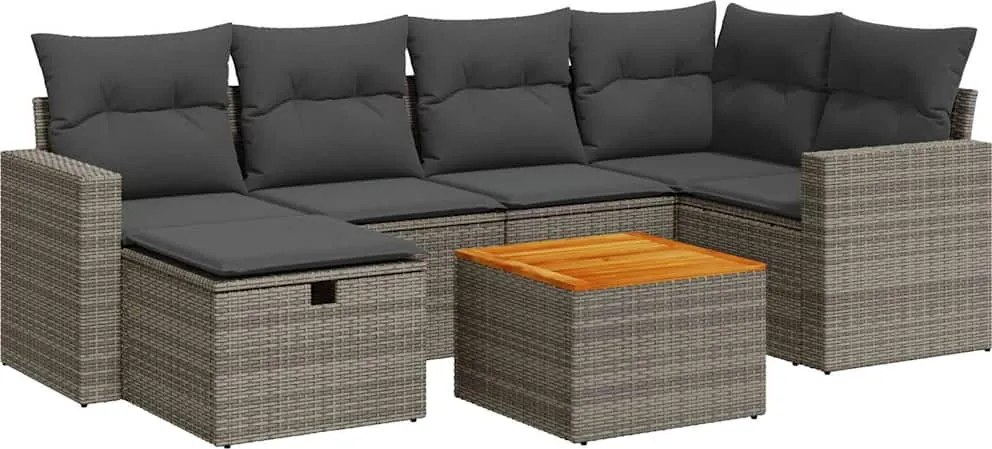 vidaXL Set canapele de grădină, 7 piese, cu perne, gri, poliratan