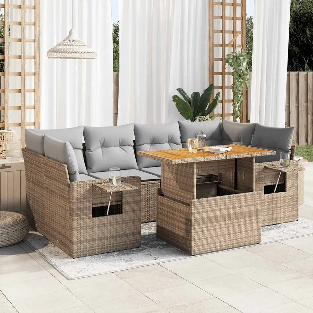 vidaXL Set canapele de grădină, 7 piese, cu perne, bej, poliratan